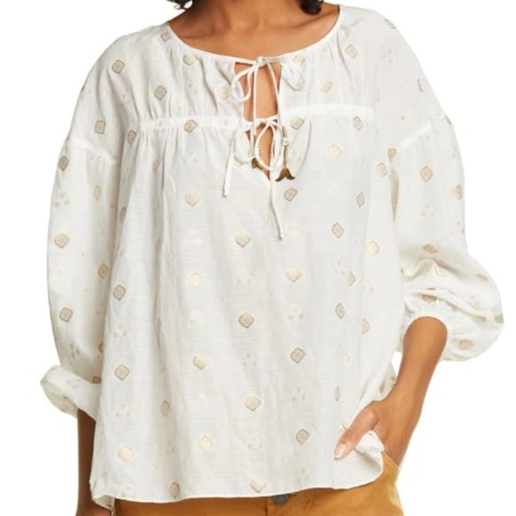 EUC $248 JOIE Women’s Small Nadija Gold Medallion Sheer Beaded Tie Peasant Top - Picture 1 of 11
